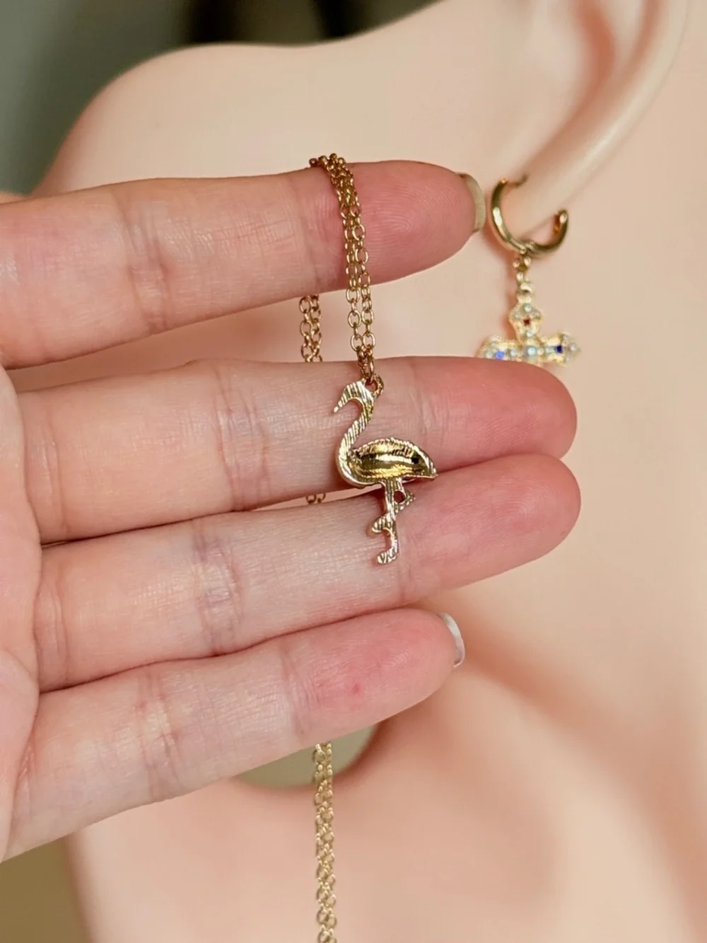 Gold Flamingo Pendant Necklace with Pink Crystal Accent